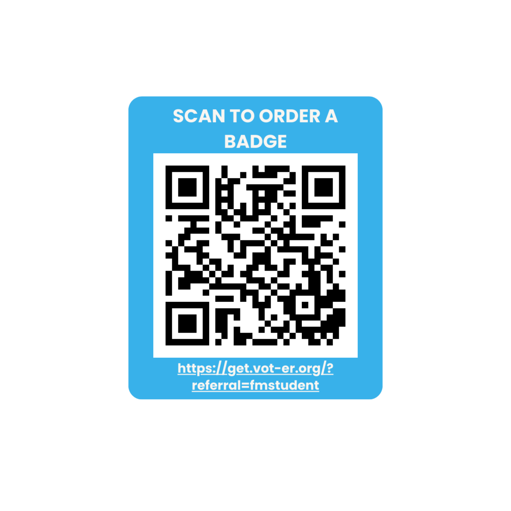 Use your phone to scan this QR code to order YOUR own VotER badge to help register voters where you live, learn and work!