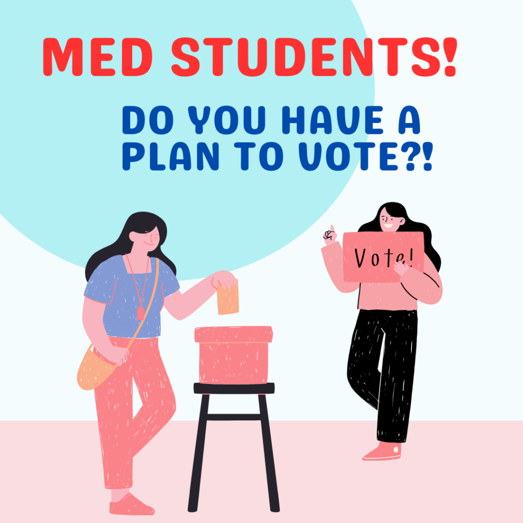 Graphic image of woman dropping ballot into box, while another woman holds vote sign. Text above reads "med students! do you have a plan to vote?"